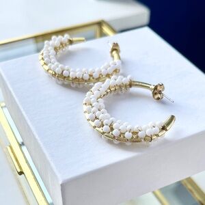 White & Gold Wire-Wrapped Seed Bead Hoop Earrings